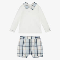 Mintini Baby-Baby Boys Blue & Ivory Check Cotton Shorts Set | Childrensalon Outlet