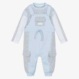 Mintini Baby-Baby Boys Pale Blue & Grey Dunagrees Set | Childrensalon Outlet