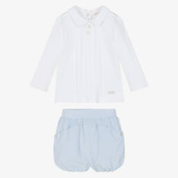 Mintini Baby-Baby Boys White & Blue Corduroy Shorts Set | Childrensalon Outlet