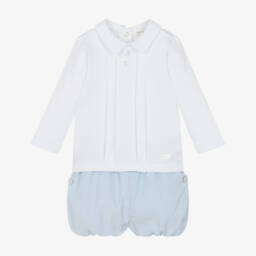 Mintini Baby-Baby Boys White & Blue Corduroy Shorts Set | Childrensalon Outlet