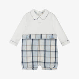 Mintini Baby-Baby Boys White & Blue Cotton Tartan Shortie | Childrensalon Outlet
