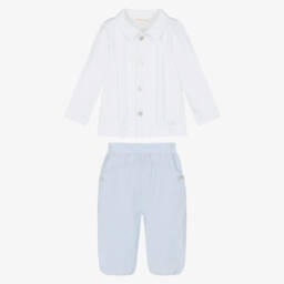 Mintini Baby-Baby Boys White & Pale Blue Corduroy Trouser Set | Childrensalon Outlet