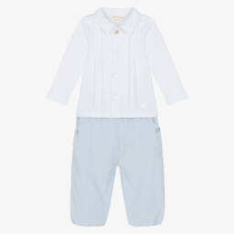 Mintini Baby-Baby Boys White & Pale Blue Corduroy Trouser Set | Childrensalon Outlet