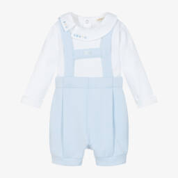 Mintini Baby-Baby Boys White & Pale Blue Dungaree Set | Childrensalon Outlet