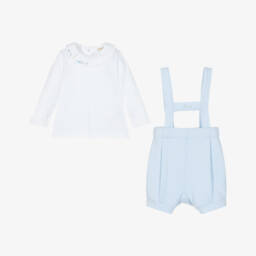 Mintini Baby-Baby Boys White & Pale Blue Dungaree Set | Childrensalon Outlet