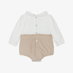 Mintini Baby-Baby Girls Beige & White Cotton Jersey & Needlecord Shortie  | Childrensalon Outlet