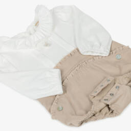 Mintini Baby-Baby Girls Beige & White Cotton Jersey & Needlecord Shortie  | Childrensalon Outlet