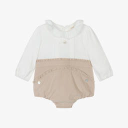 Mintini Baby-Baby Girls Beige & White Cotton Jersey & Needlecord Shortie  | Childrensalon Outlet