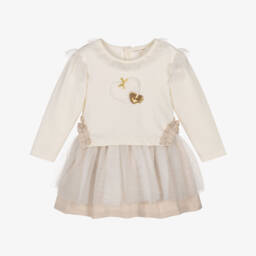 Mintini Baby-Baby Girls Ivory Jersey & Tulle Dress with Appliqué Hearts | Childrensalon Outlet