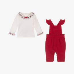 Mintini Baby-Baby Girls Ivory & Red Needlecord Dungaree Set  | Childrensalon Outlet