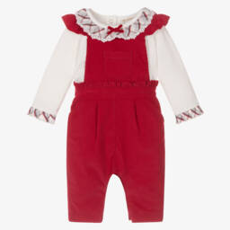 Mintini Baby-Baby Girls Ivory & Red Needlecord Dungaree Set  | Childrensalon Outlet