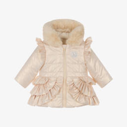 Mintini Baby-Baby Girls Pale Gold Hooded Coat with Ruffles | Childrensalon Outlet