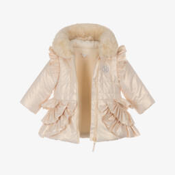 Mintini Baby-Baby Girls Pale Gold Hooded Coat with Ruffles | Childrensalon Outlet