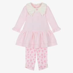 Mintini Baby-Baby Girls Pink Cotton Jersey Leggings Set with Ivory Collar | Childrensalon Outlet