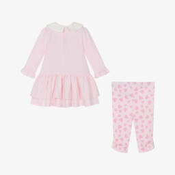 Mintini Baby-Baby Girls Pink Cotton Jersey Leggings Set with Ivory Collar | Childrensalon Outlet