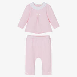 Mintini Baby-Baby Girls Pink Cotton Jersey Trouser Set with Satin Bows | Childrensalon Outlet