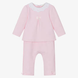 Mintini Baby-Baby Girls Pink Cotton Jersey Trouser Set with Satin Bows | Childrensalon Outlet