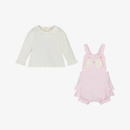 Mintini Baby-Baby Girls Pink & Ivory Cotton Jersey Dungaree Shorts Set | Childrensalon Outlet