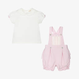 Mintini Baby-Baby Girls Pink Matelassé Dungaree Set | Childrensalon Outlet