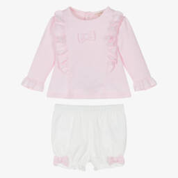 Mintini Baby-Baby Girls Pink & White Cotton Shorts Set with Bows | Childrensalon Outlet