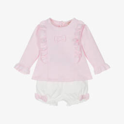 Mintini Baby-Baby Girls Pink & White Cotton Shorts Set with Bows | Childrensalon Outlet