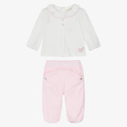 Mintini Baby-Baby Girls Pink & White Cotton Trouser Set | Childrensalon Outlet