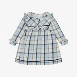 Mintini Baby-Baby Girls White & Blue Cotton Tartan Dress | Childrensalon Outlet