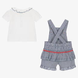 Mintini Baby-Baby Girls White & Blue Dungaree Shorts Set | Childrensalon Outlet