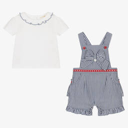 Mintini Baby-Baby Girls White & Blue Dungaree Shorts Set | Childrensalon Outlet