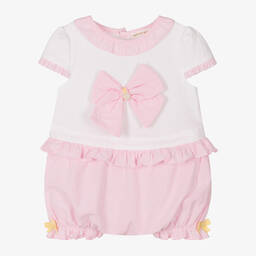 Mintini Baby-Baby Girls White & Pink Cotton Shortie | Childrensalon Outlet