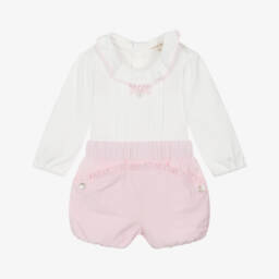 Mintini Baby-Baby Girls White & Pink Needlecord Shorts Set | Childrensalon Outlet