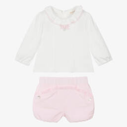 Mintini Baby-Baby Girls White & Pink Needlecord Shorts Set | Childrensalon Outlet