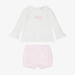 Mintini Baby-Baby Girls White Top & Pink Jersey Shorts Set | Childrensalon Outlet