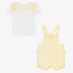 Mintini Baby-Baby Girls Yellow Cotton Dungaree Set | Childrensalon Outlet