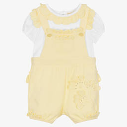 Mintini Baby-Baby Girls Yellow Cotton Dungaree Set | Childrensalon Outlet