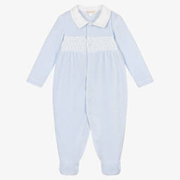 Mintini Baby-Blue Smocked Velour Babygrow | Childrensalon Outlet