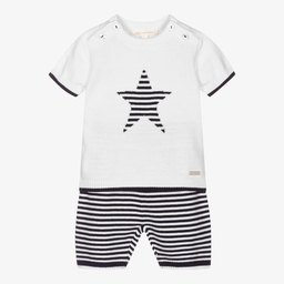 Mintini Baby-Blue & White Cotton Shorts Set | Childrensalon Outlet