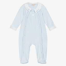 مينتيني بيبي-Boys Blue Velour Babygrow with Embroidered Collar | Childrensalon Outlet