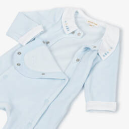 مينتيني بيبي-Boys Blue Velour Babygrow with Embroidered Collar | Childrensalon Outlet