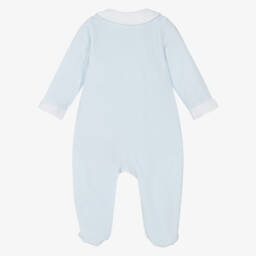 مينتيني بيبي-Boys Blue Velour Babygrow with Embroidered Collar | Childrensalon Outlet
