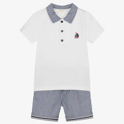 Mintini Baby-Boys White & Blue Cotton Shorts Set | Childrensalon Outlet