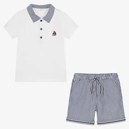 Mintini Baby-Boys White & Blue Cotton Shorts Set | Childrensalon Outlet