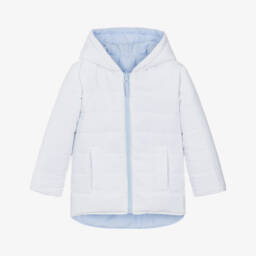 Mintini Baby-Boys White & Blue Reversible Hooded Puffer Jacket | Childrensalon Outlet