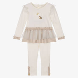 Mintini Baby-Girls Ivory Cotton Jersey Leggings Set with Appliqué Hearts | Childrensalon Outlet