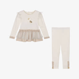 Mintini Baby-Girls Ivory Cotton Jersey Leggings Set with Appliqué Hearts | Childrensalon Outlet