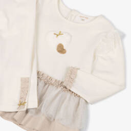 Mintini Baby-Girls Ivory Cotton Jersey Leggings Set with Appliqué Hearts | Childrensalon Outlet