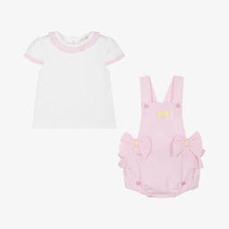 Mintini Baby-Girls Pink Cotton Dungaree Shorts Set | Childrensalon Outlet