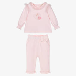 Mintini Baby-Girls Pink Cotton Jersey Trouser Set with Glitter Tulle Trim | Childrensalon Outlet