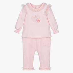 Mintini Baby-Girls Pink Cotton Jersey Trouser Set with Glitter Tulle Trim | Childrensalon Outlet