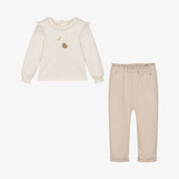 Mintini Baby-Girls Shimmery Ivory & Beige Trouser Set with Appliqué Hearts | Childrensalon Outlet